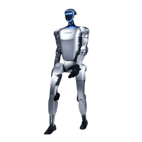 Unitree G1, a silver humanoid robot with a blue-lit face